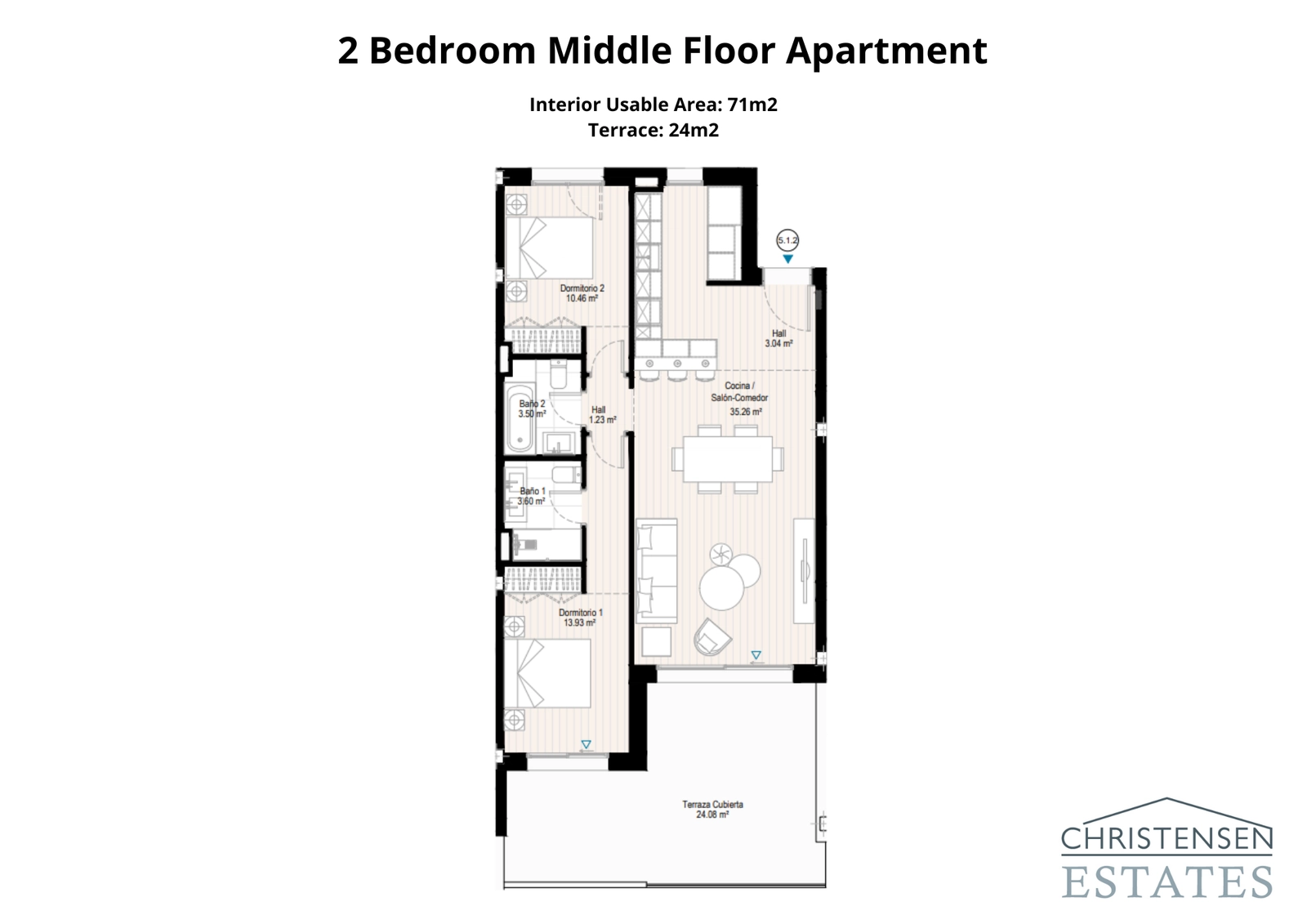 Un diseño inteligente de dos dormitorios que cuenta con una zona de estar de planta abierta que se extiende a una generosa terraza cubierta para disfrutar todo el año.