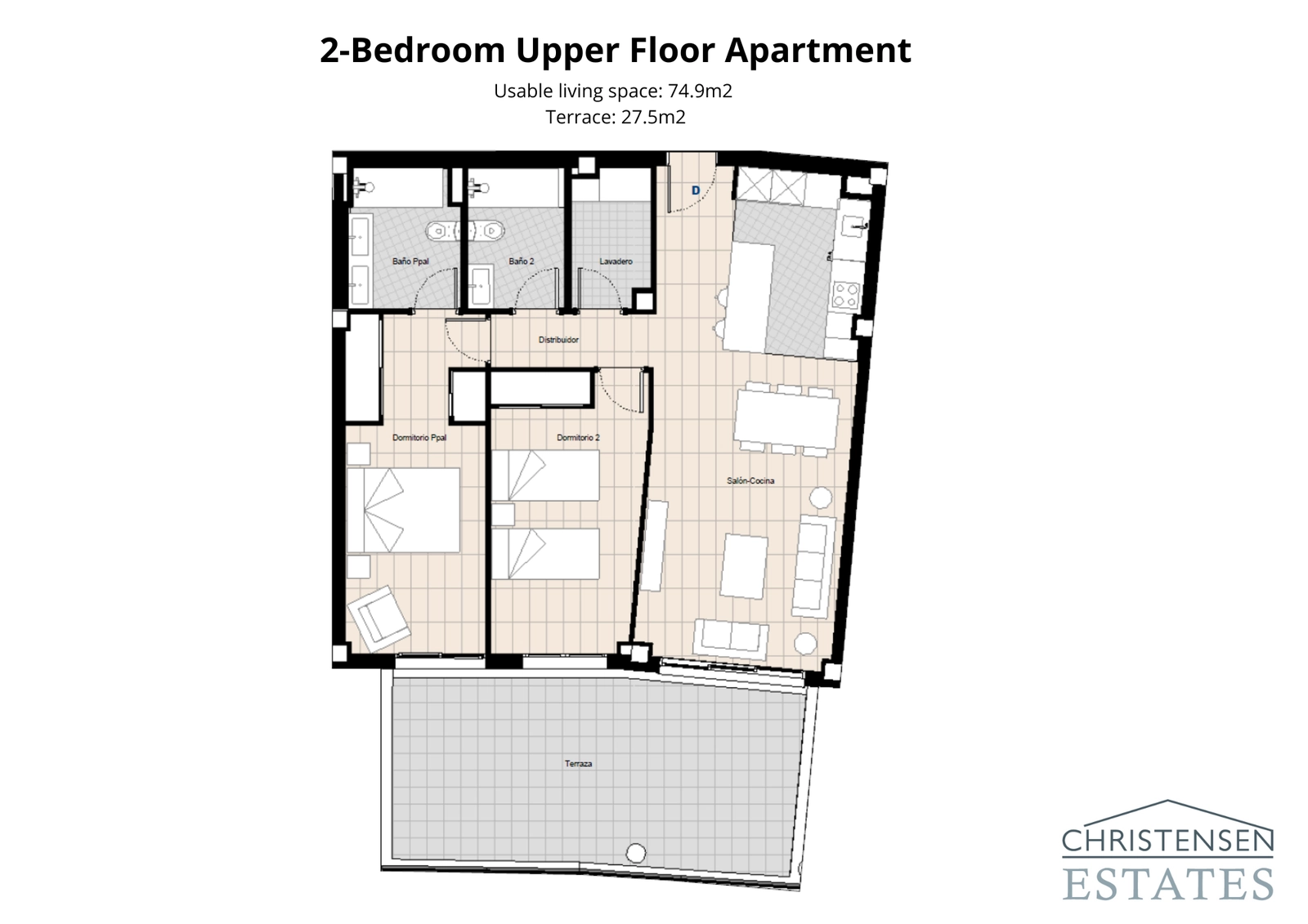 La cuidada distribución de este apartamento de dos dormitorios en planta superior maximiza el espacio y ofrece impresionantes vistas desde la terraza.