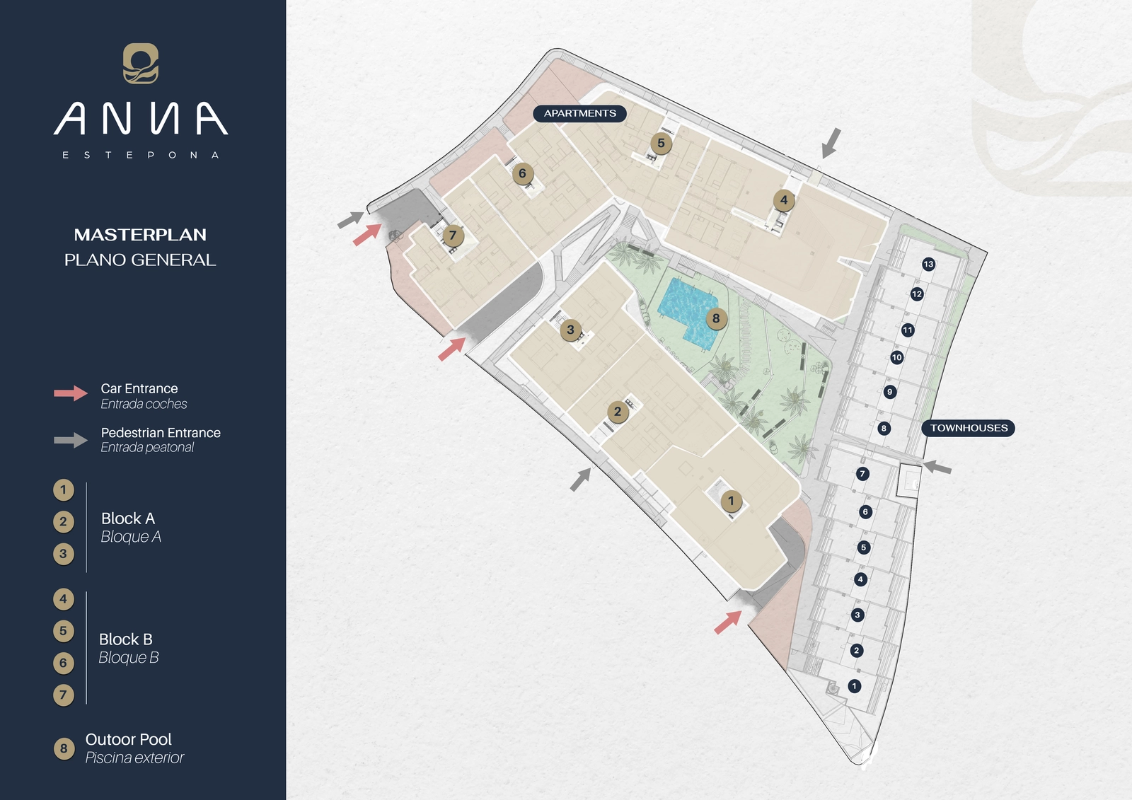 El plano general ilustra la distribución cuidadosamente diseñada de los bloques de apartamentos, chalets adosados y zonas comunes, incluyendo la piscina central.