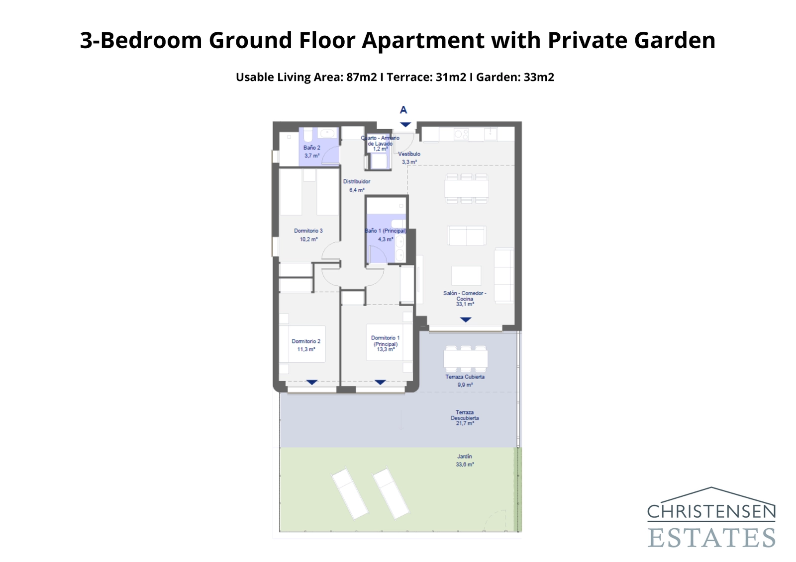 Descubra esta vivienda de tres dormitorios en planta baja con acceso directo a un jardín privado y terraza cubierta.