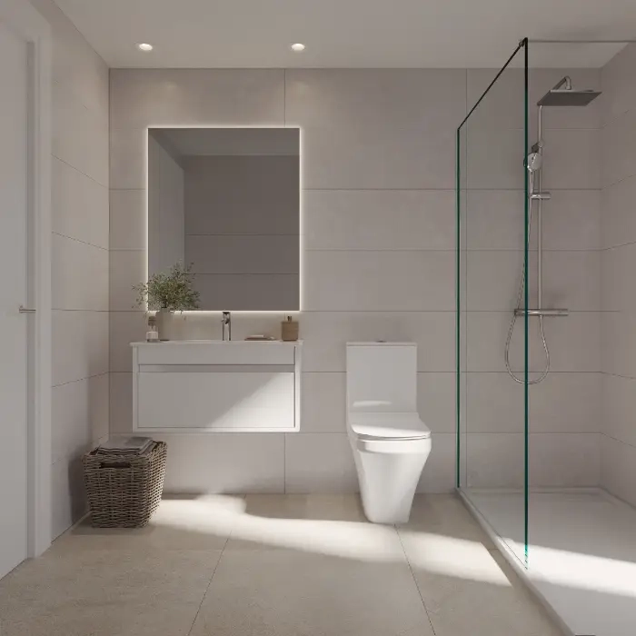 Un baño secundario elegante y funcional con accesorios modernos y una estética limpia y minimalista.