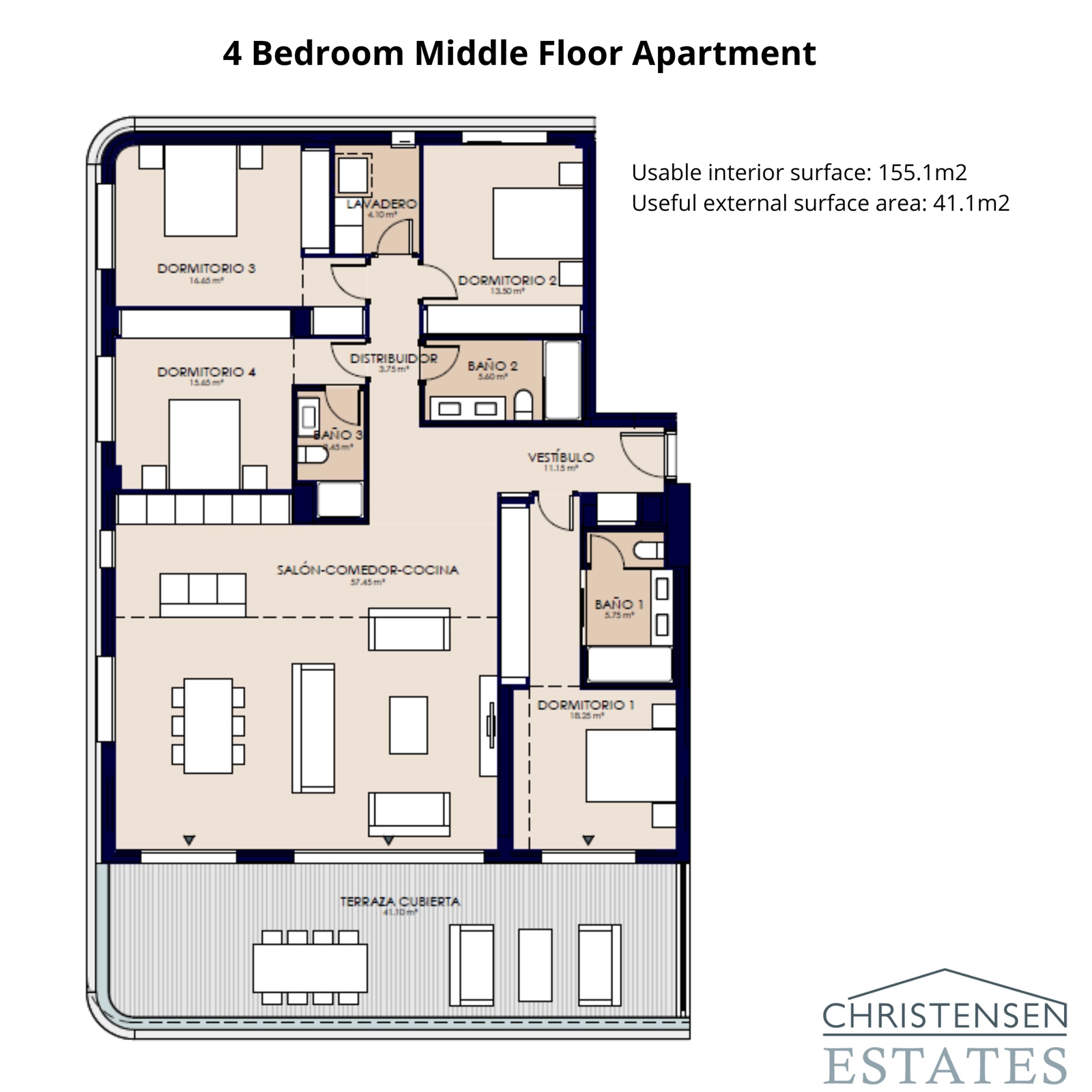Este apartamento de cuatro dormitorios ofrece una distribución inteligente con amplio espacio para la vida familiar, complementado por una amplia terraza con preciosas vistas.