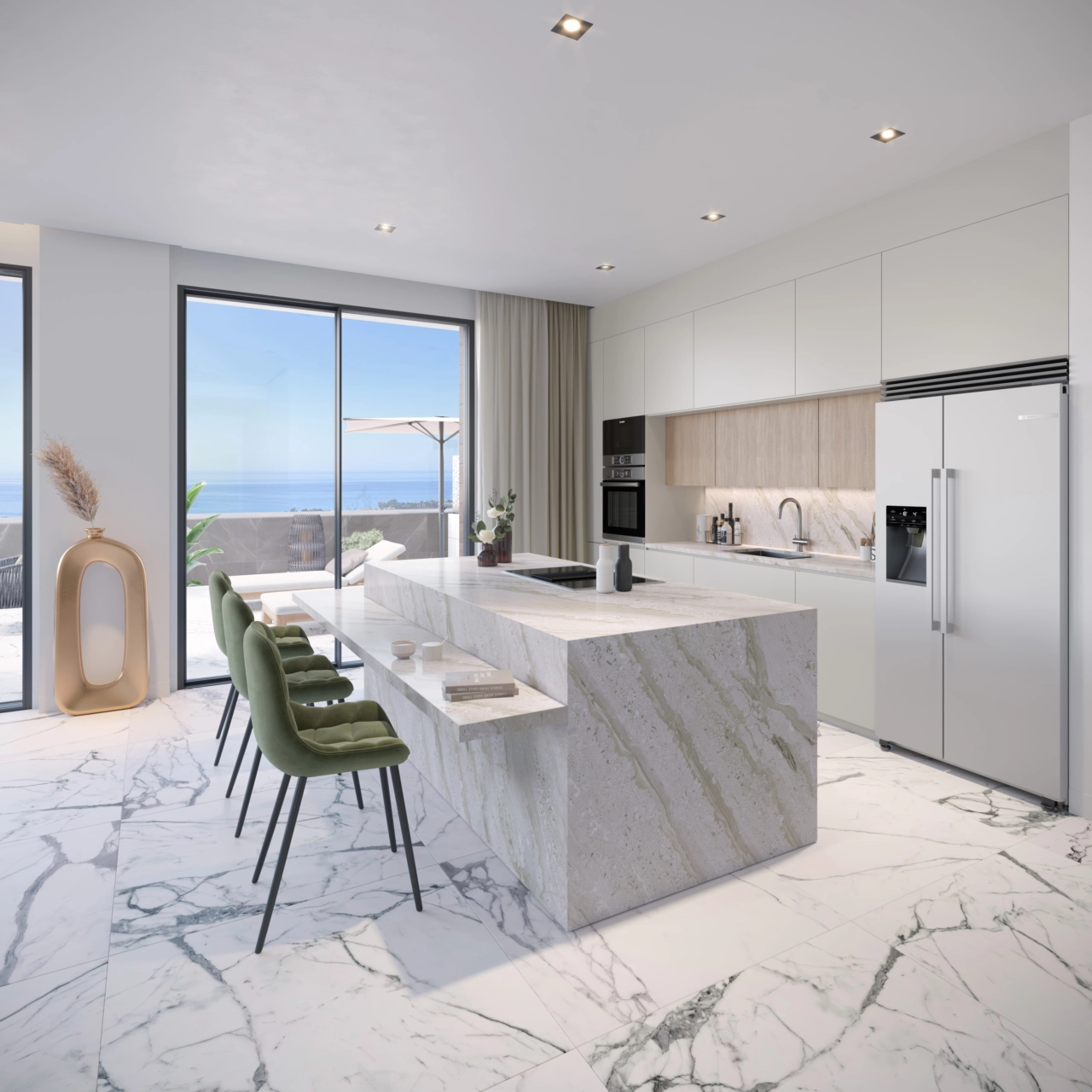 Una cocina moderna y totalmente equipada con una elegante isla y acabados de primera calidad.