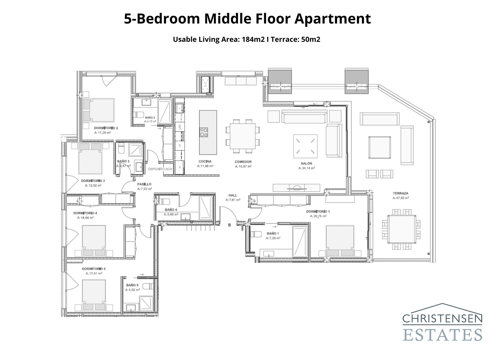 El plano del apartamento de cinco dormitorios muestra un diseño inteligente, con zonas de estar y de dormir distintas y una amplia terraza para disfrutar del clima de la Costa del Sol.
