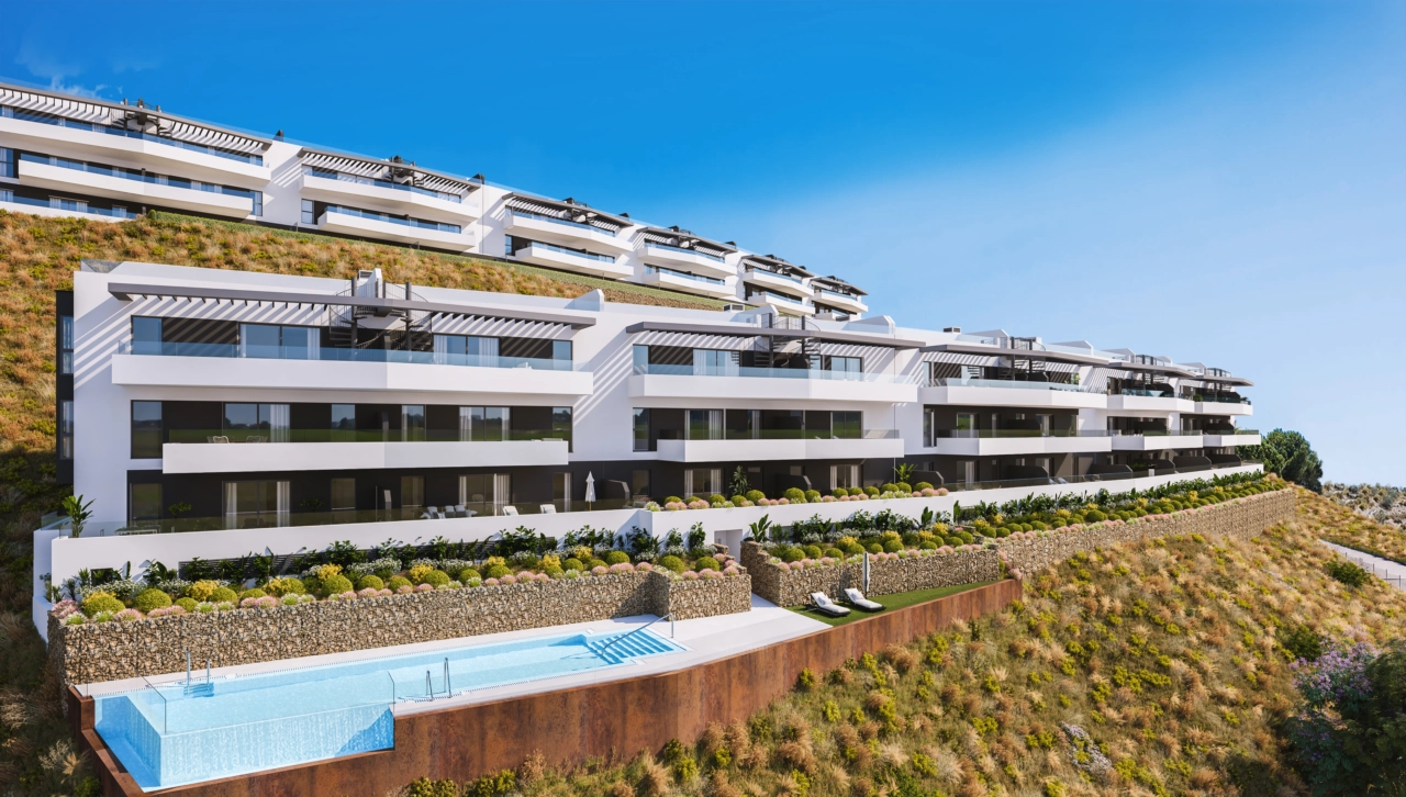 Una vista del elegante complejo de apartamentos, diseñado para integrarse con el paisaje natural.