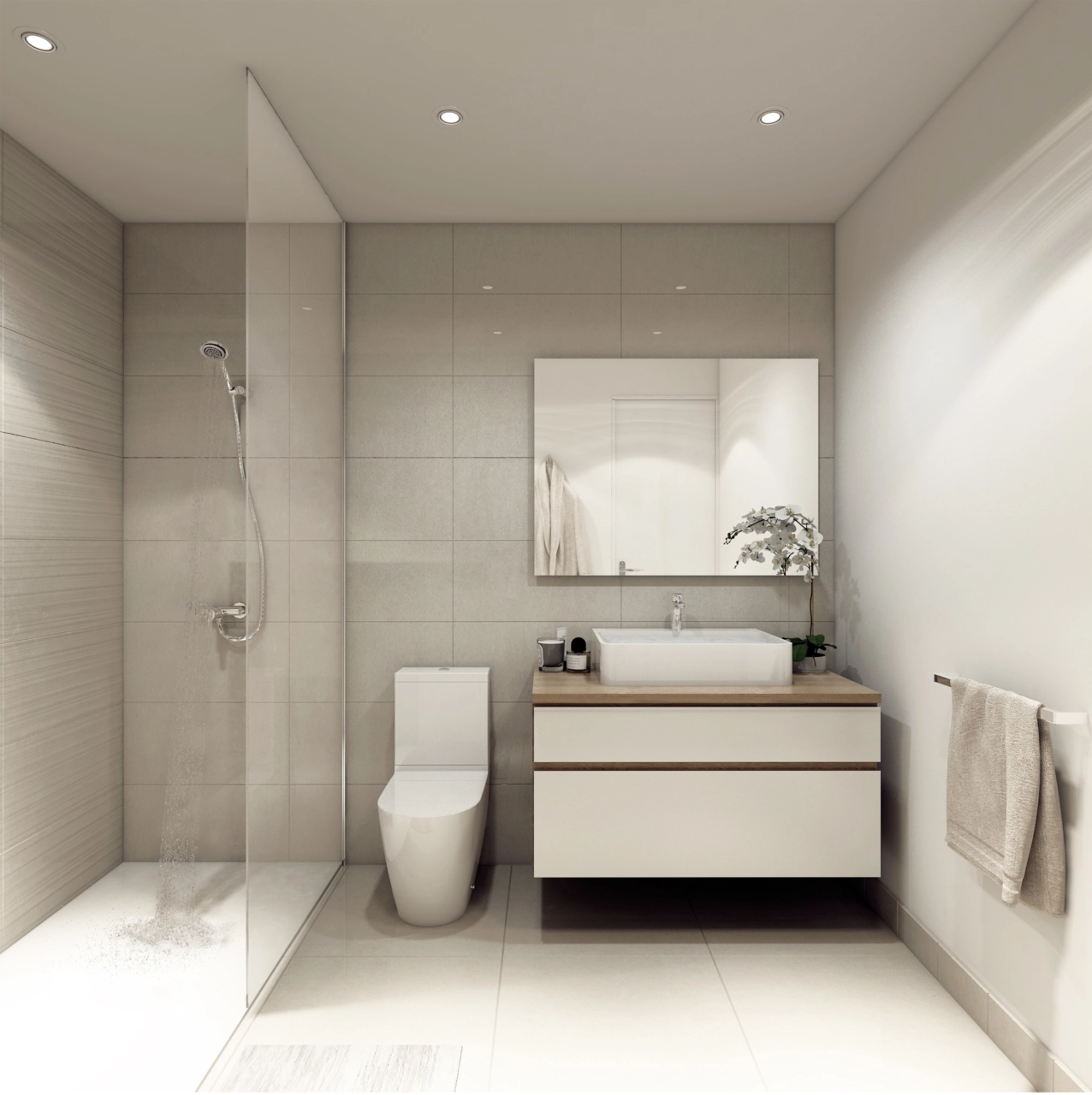 Un baño moderno con acabados de alta calidad y un diseño limpio y elegante.