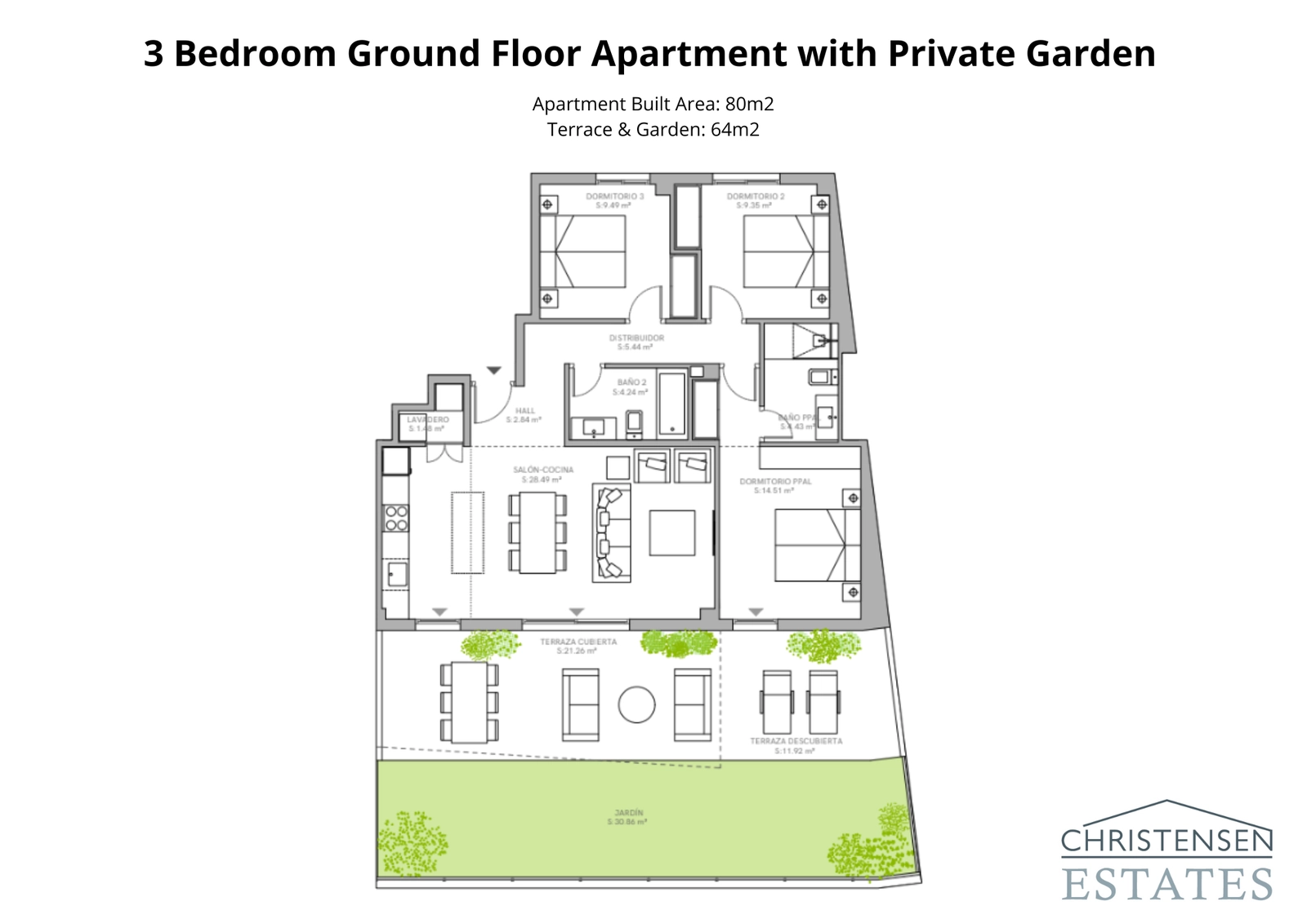 Plano de la residencia de tres dormitorios en planta baja, destacando el generoso espacio interior y el amplio jardín privado perfecto para la vida al aire libre.