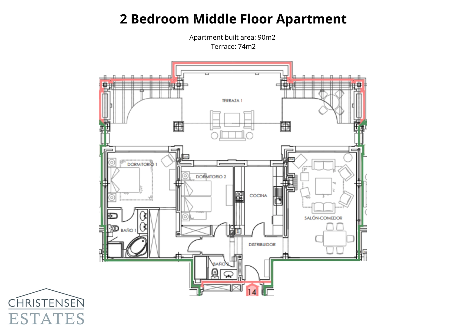 Esta distribución de apartamento de dos dormitorios en planta intermedia muestra un uso inteligente del espacio con una generosa terraza para disfrutar de las vistas.