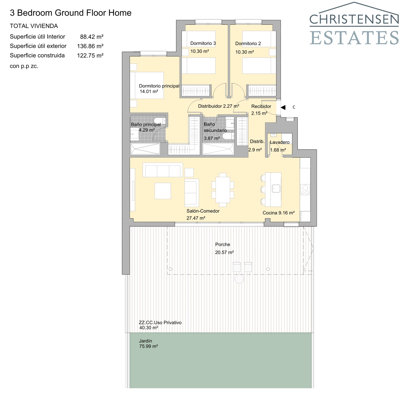 Esta distribución de tres dormitorios ofrece un amplio espacio para familias, con una generosa zona de salón-comedor y acceso directo a un porche y jardín privado.