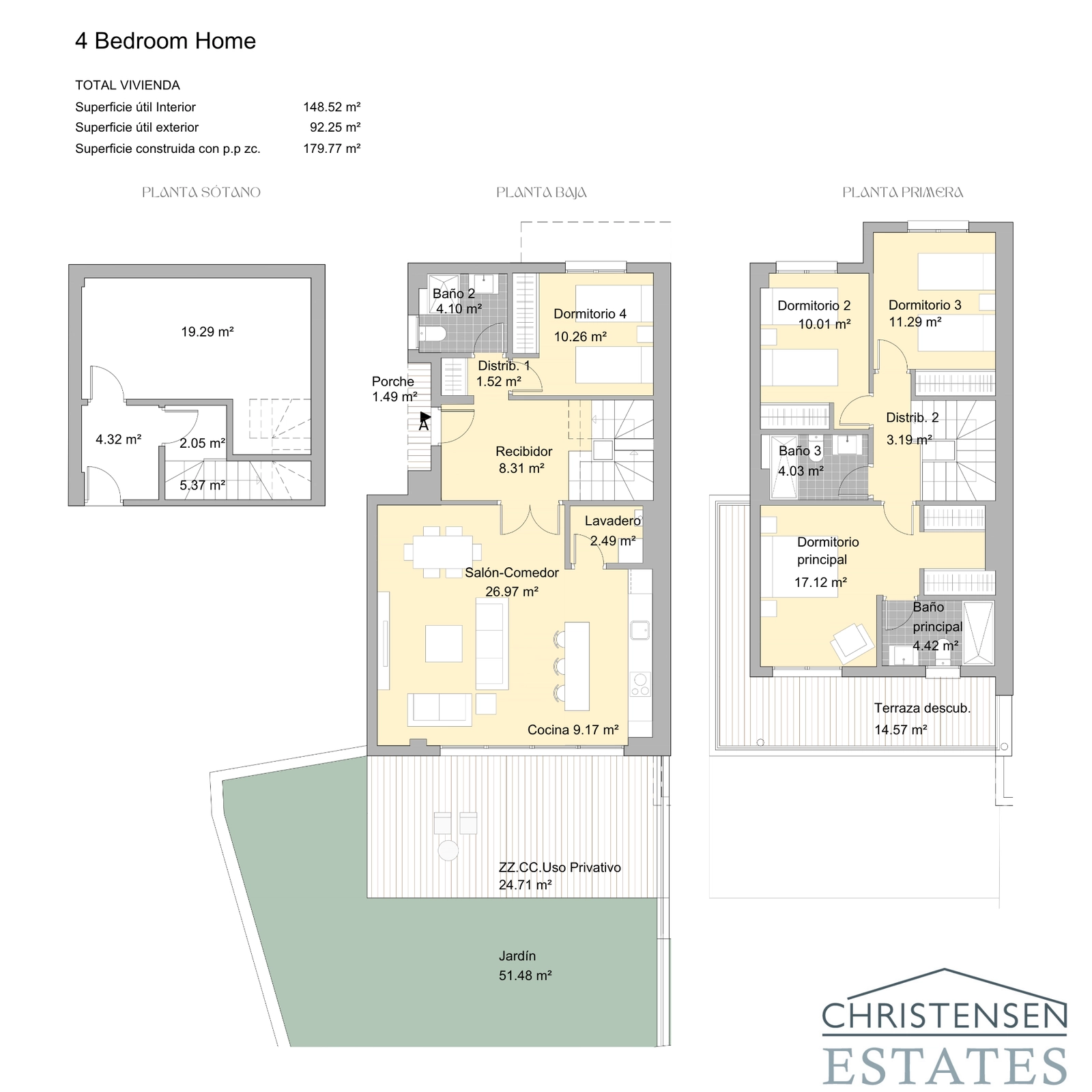 La vivienda de cuatro dormitorios proporciona el máximo confort y espacio, distribuida en dos plantas con múltiples terrazas y un jardín privado.