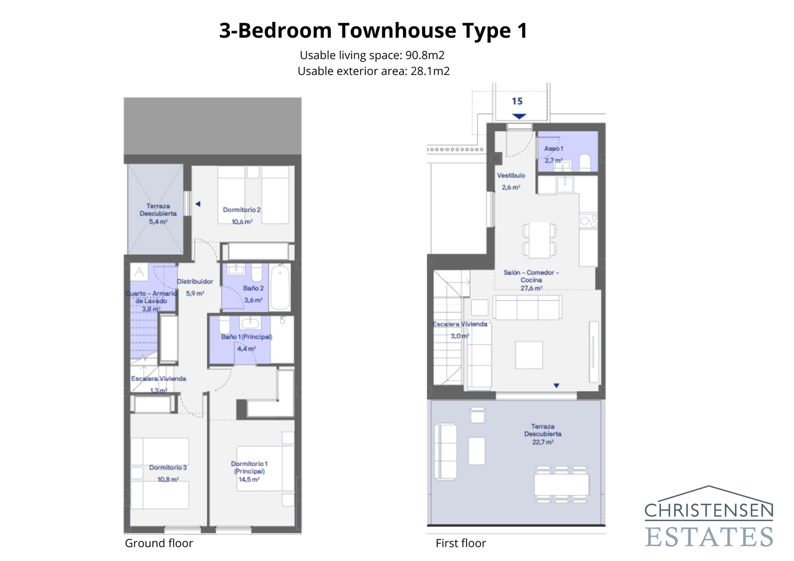 Plano de un chalet adosado de tres dormitorios, mostrando una distribución inteligente con una zona de estar de planta abierta y una generosa terraza.