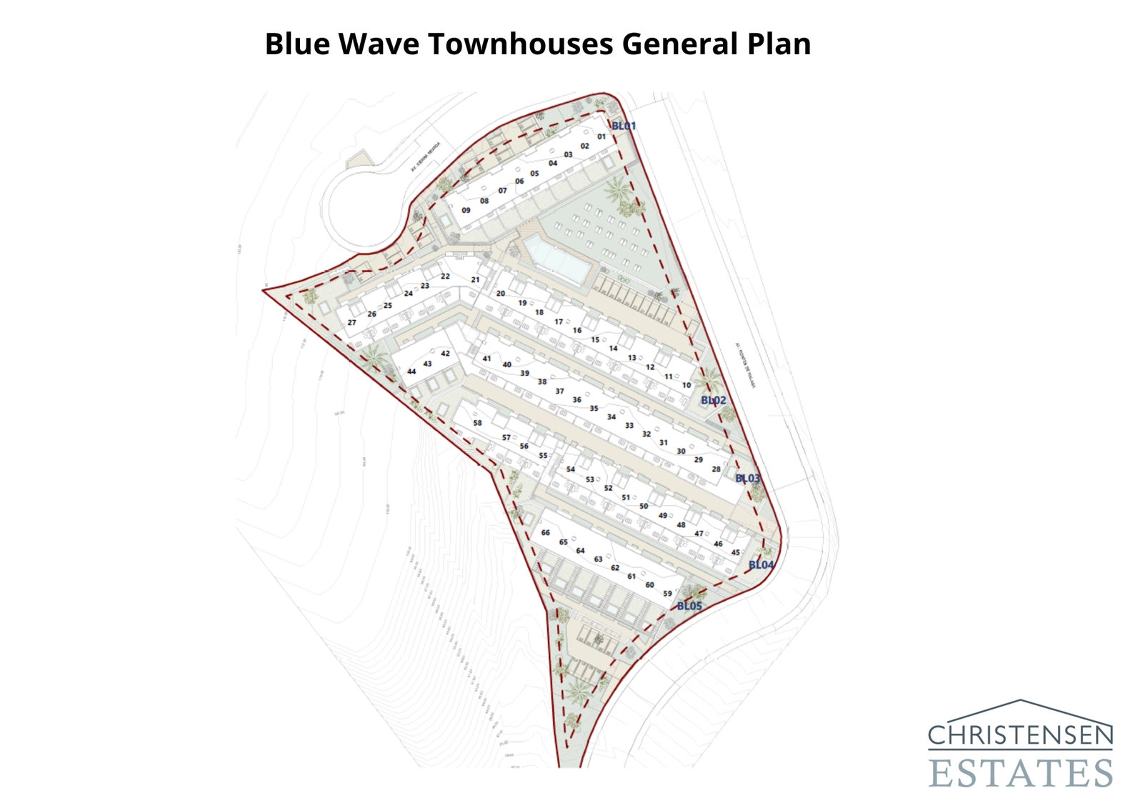 El plano general de la comunidad ilustra la cuidada ubicación de los chalets adosados para garantizar la privacidad y optimizar las hermosas vistas al mar para los residentes.