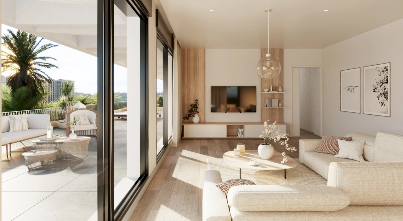 Un salón luminoso y acogedor que conecta a la perfección con una amplia terraza privada, ideal para disfrutar del clima de la Costa del Sol.