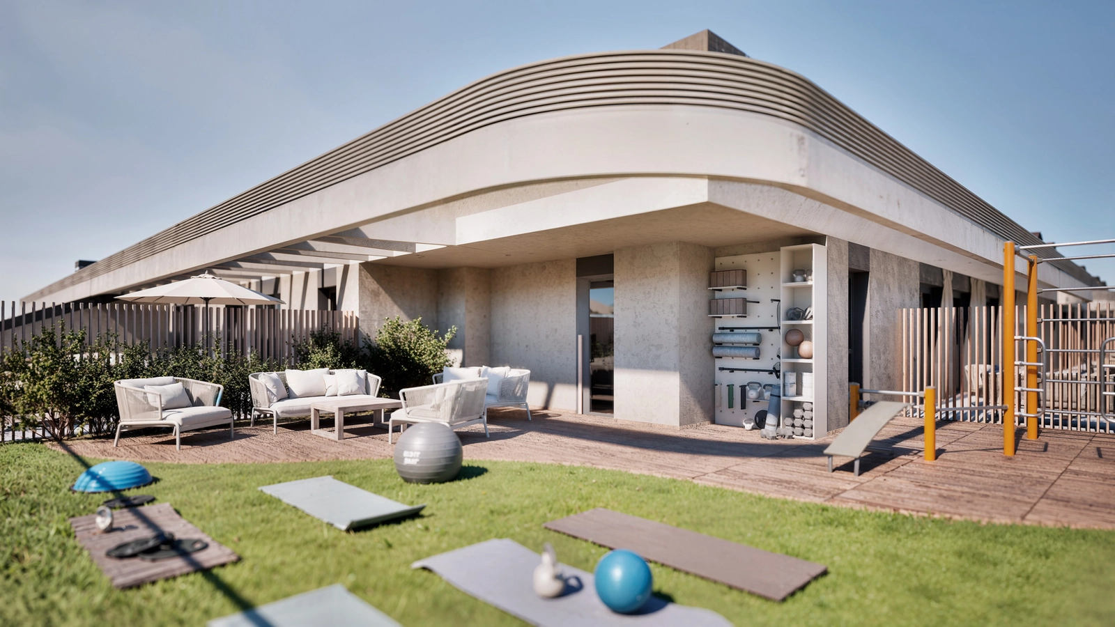 La 'Zona Flex' en la azotea, un espacio al aire libre para yoga y calistenia, diseñado para la salud y el bienestar.