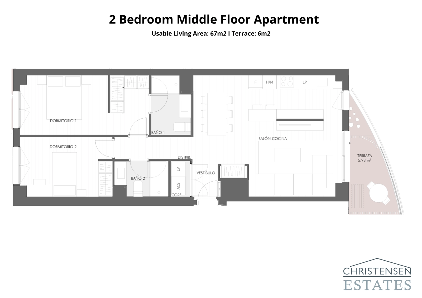 Plano de un piso de dos dormitorios, ofreciendo una distribución inteligente que separa las zonas de descanso del salón de planta abierta para mayor comodidad.