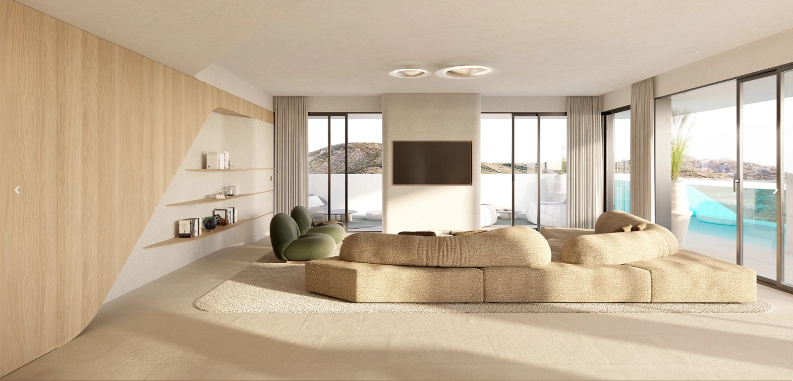 Los interiores presentan tonos y texturas naturales, creando un ambiente cálido y elegante para relajarse o recibir visitas.