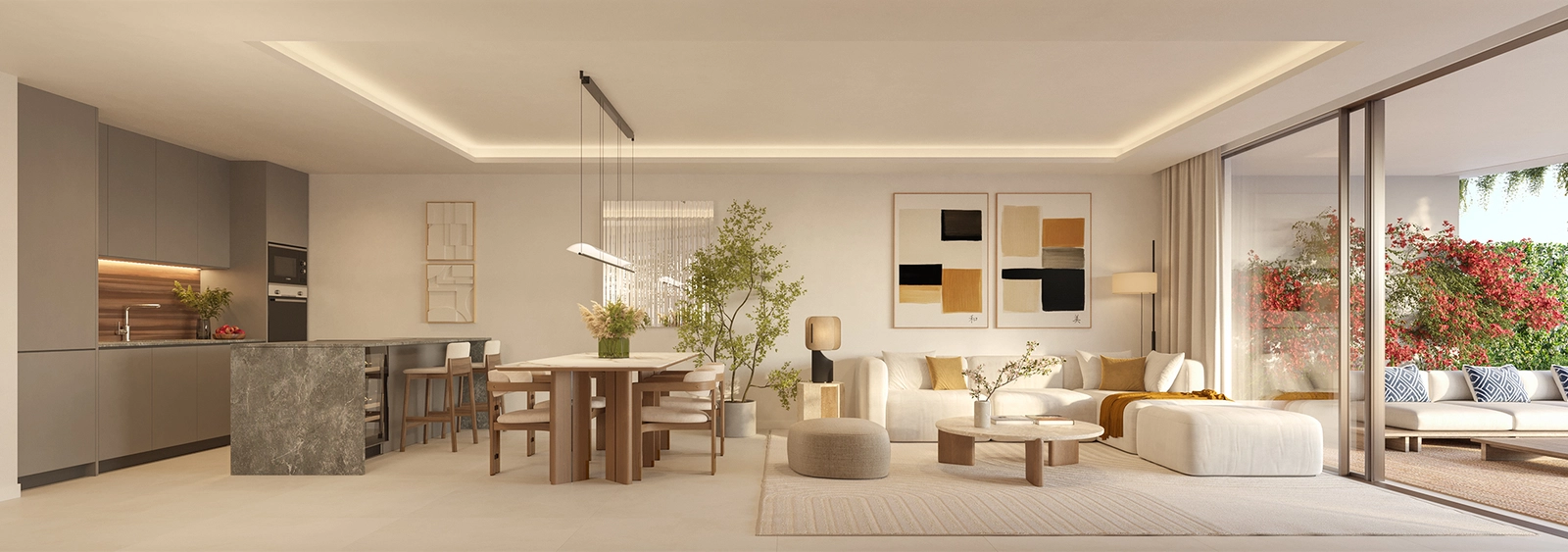 Amplias zonas de estar de planta abierta diseñadas para el confort, que fluyen sin interrupciones hacia la terraza.