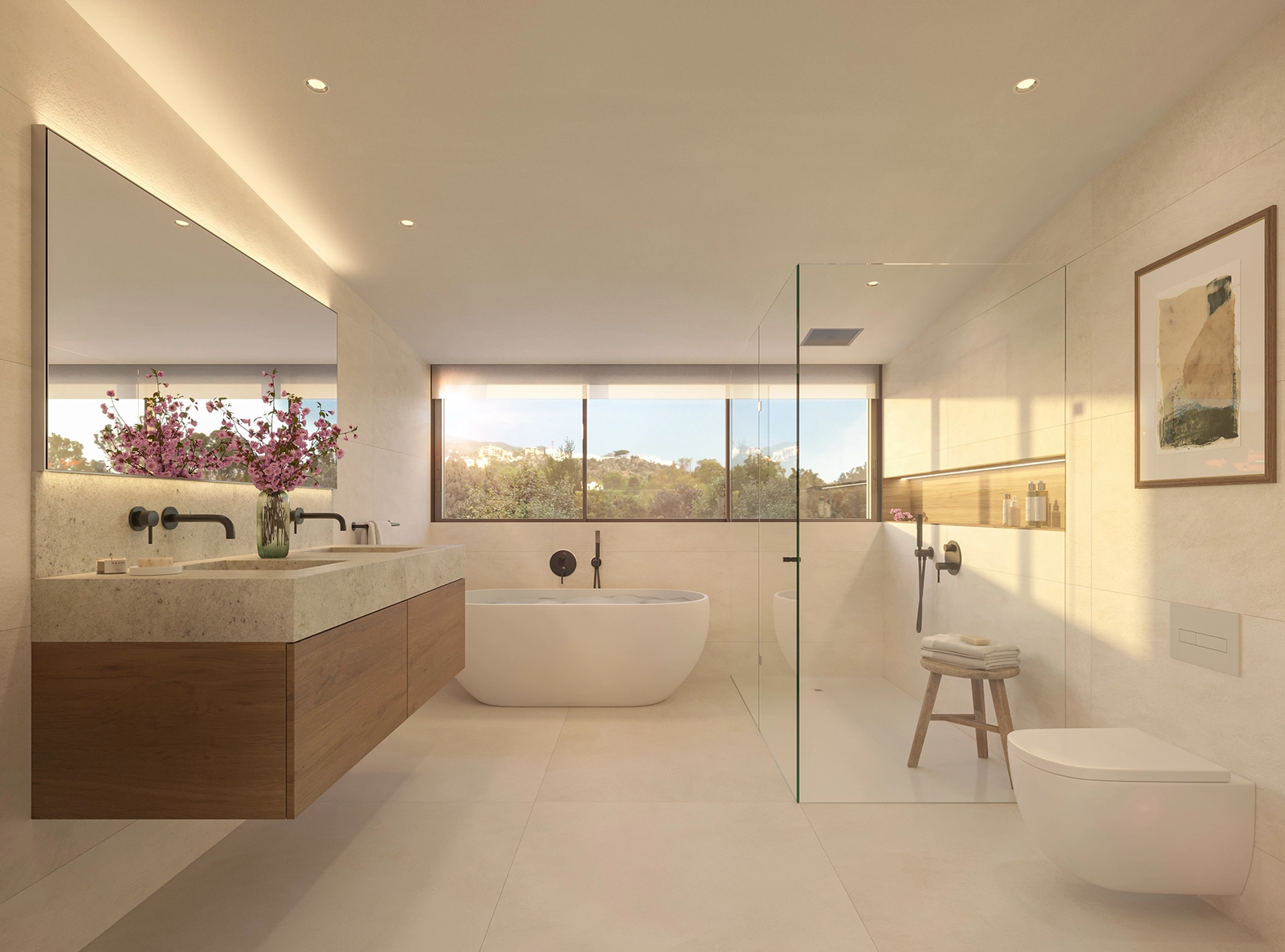 Un baño sofisticado con materiales de alta calidad y una atmósfera serena, tipo spa.