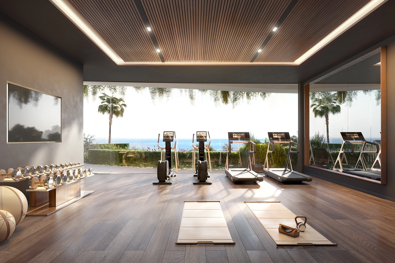 Manténgase activo en el gimnasio totalmente equipado, que cuenta con equipamiento moderno e inspiradoras vistas al mar.