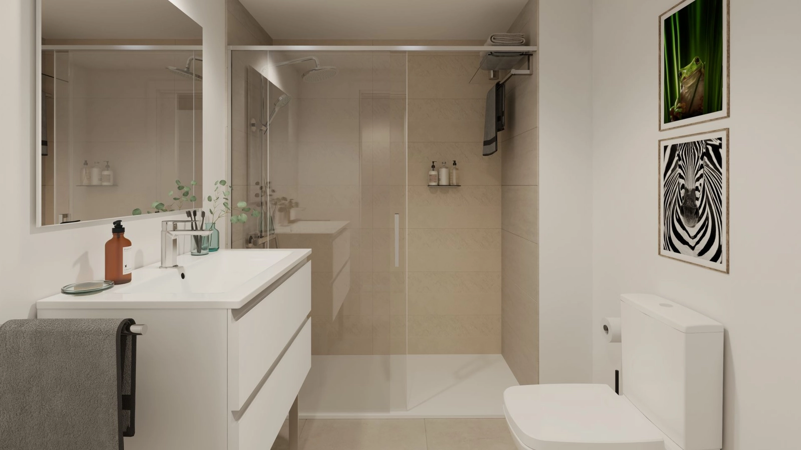 Un elegante baño principal con ducha a ras de suelo y acabados de primera calidad.