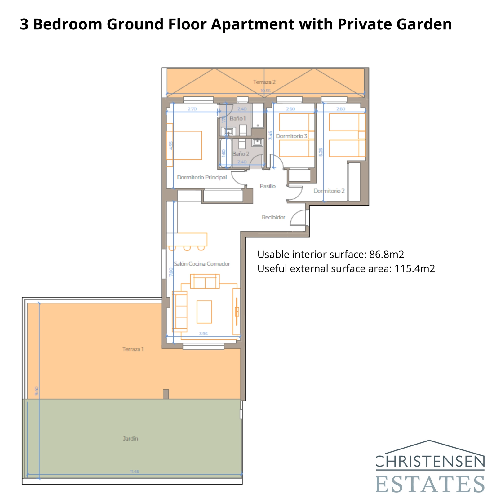 Este plano de tres dormitorios en planta baja muestra generosos espacios de vida que fluyen hacia una gran terraza y jardín.