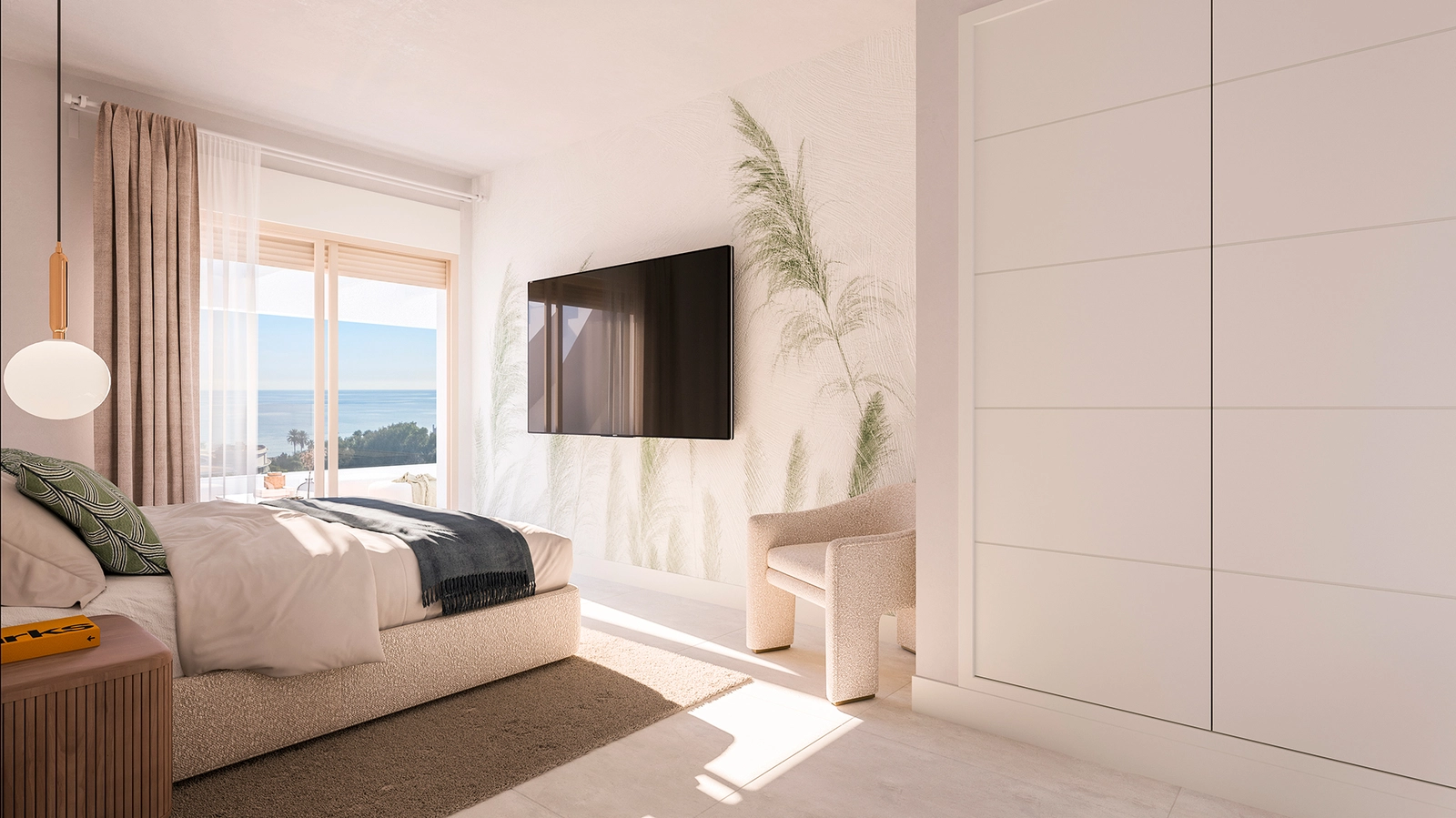 Despierte con hermosas vistas al mar en el dormitorio principal, diseñado como un espacio personal sereno y lleno de luz.