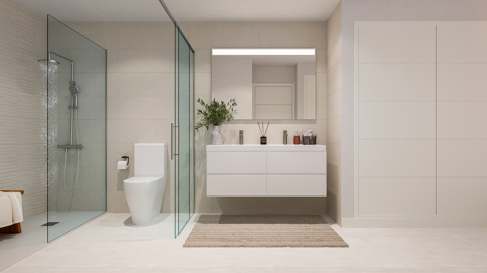 Un baño elegante y contemporáneo con materiales de alta calidad y un diseño sofisticado.