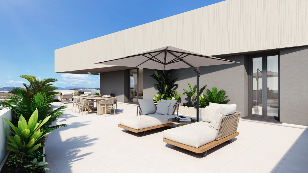 Amplias terrazas privadas diseñadas para tomar el sol, comer y disfrutar del clima excepcional de la Costa del Sol.