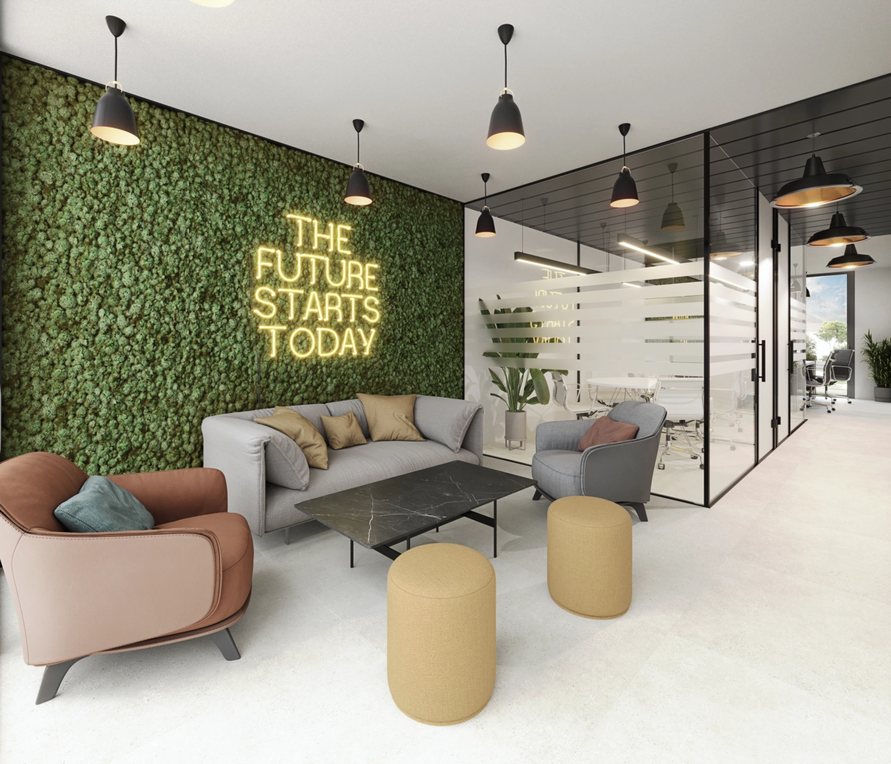Un espacio de co-working elegante y funcional para que los residentes trabajen, se reúnan o se concentren en un entorno profesional.