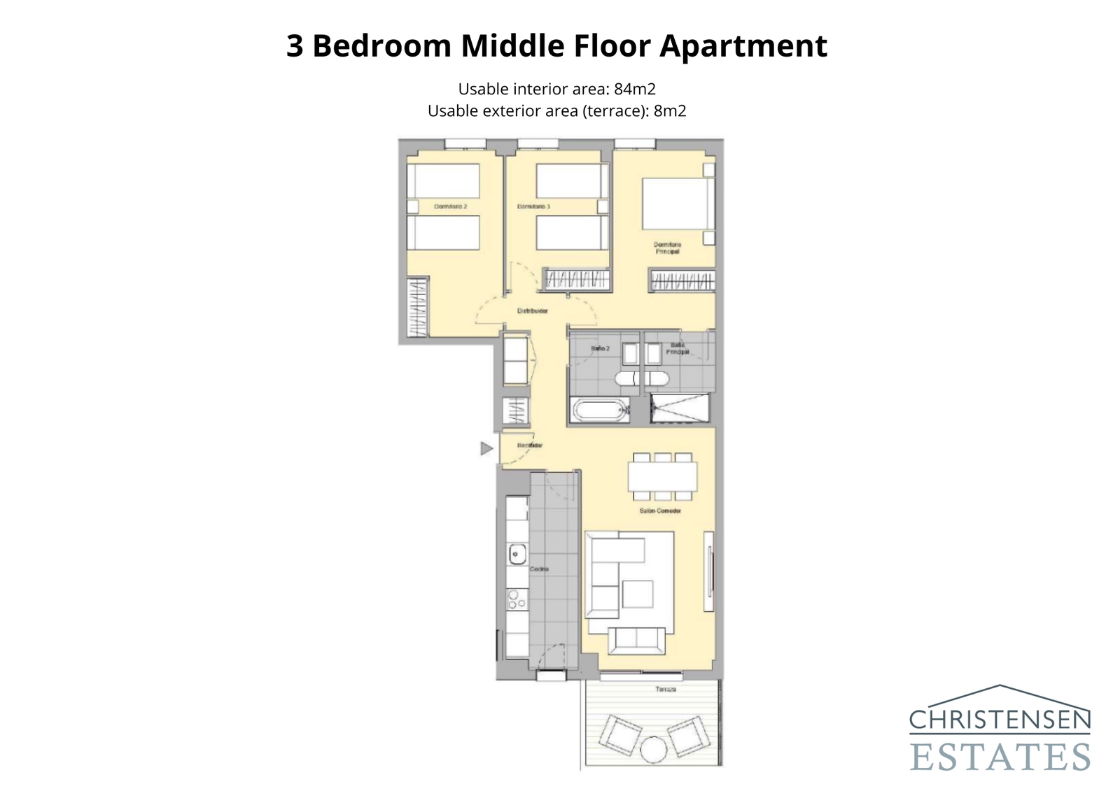 Apartamento de tres dormitorios – Un diseño familiar con una clara separación entre las zonas de día y de noche para mayor comodidad y privacidad.