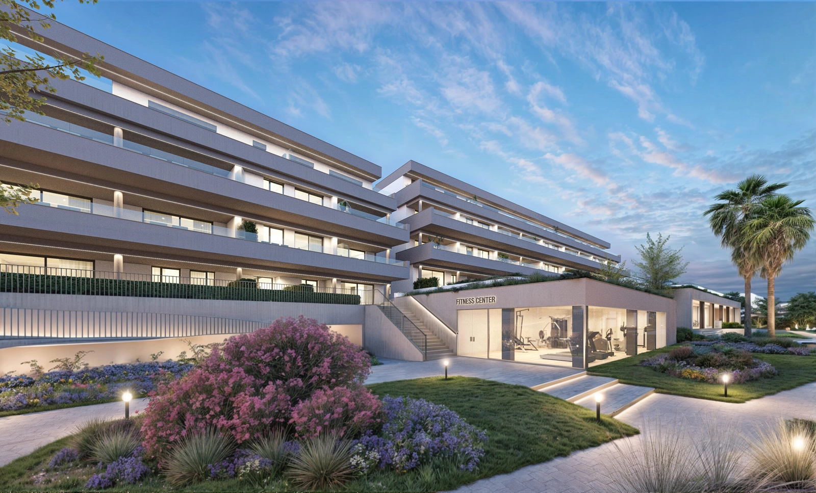 El gimnasio de última generación y las zonas ajardinadas del exclusivo complejo residencial.