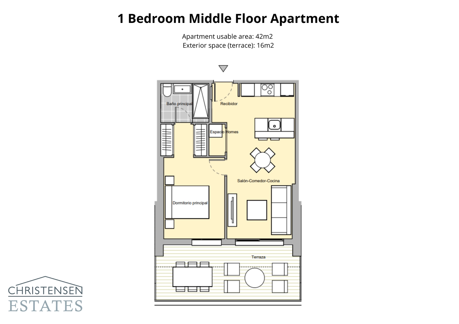 Plano de un piso de un dormitorio, con una distribución eficiente y una generosa terraza para maximizar la vida interior-exterior.
