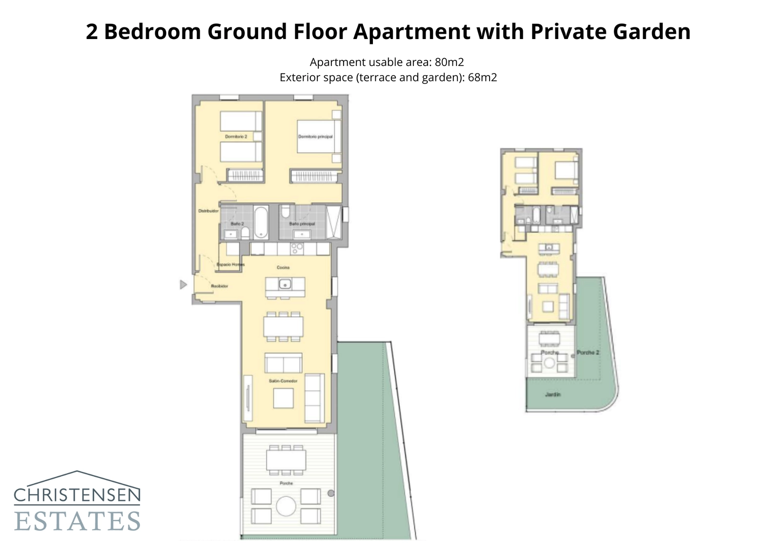 Esta distribución en planta baja de dos dormitorios incluye una amplia terraza y un jardín privado, perfecto para familias y para el ocio al aire libre.