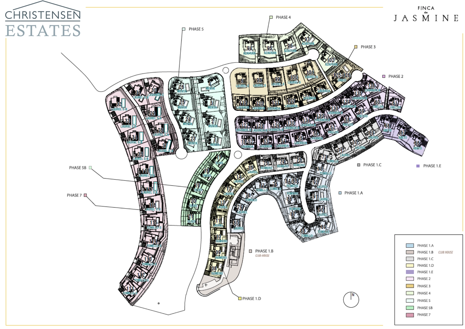 Un plano maestro de la comunidad Finca de Jasmine, que muestra la cuidadosa distribución de las villas y zonas verdes.