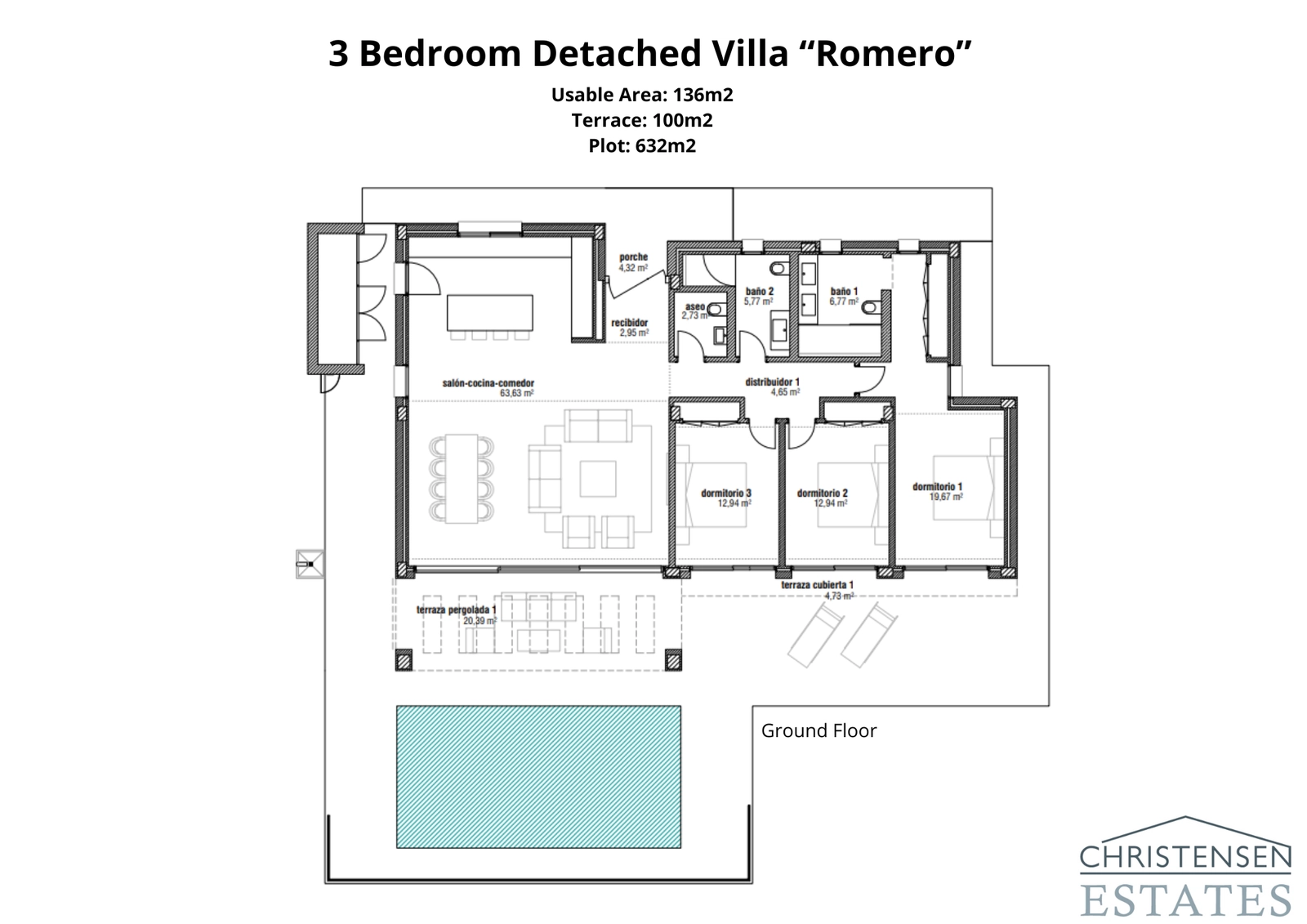 El plano de la Villa Romero, una vivienda de tres dormitorios diseñada para una cómoda vida en una sola planta con una fluida conexión interior-exterior.