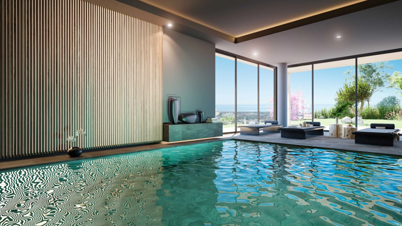 La piscina cubierta del spa, un espacio tranquilo para que los residentes se relajen y rejuvenezcan durante todo el año.