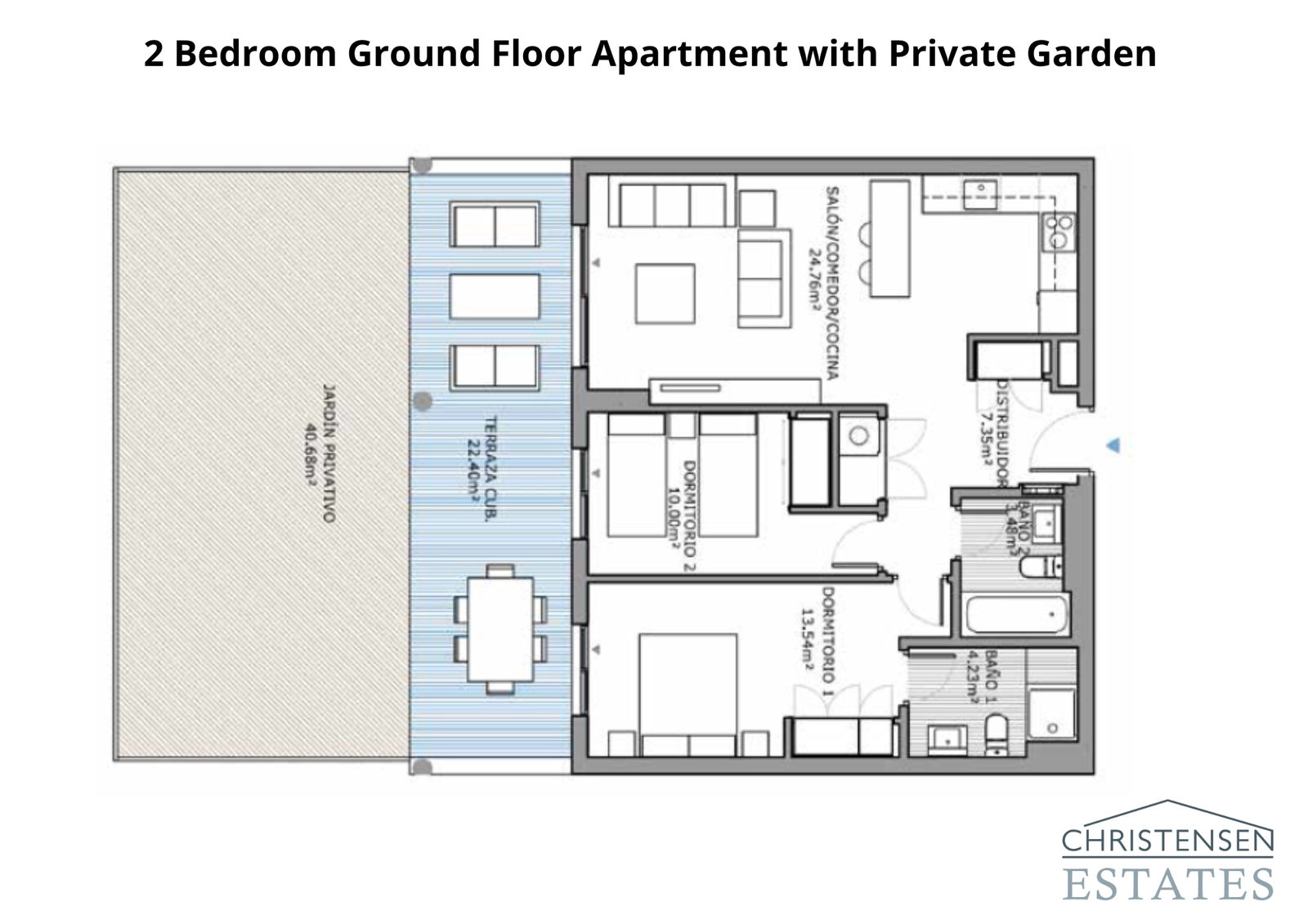 Esta distribución de dos dormitorios cuenta con un generoso jardín privado, que amplía el espacio habitable al aire libre para disfrutar de un auténtico estilo de vida en la Costa del Sol.