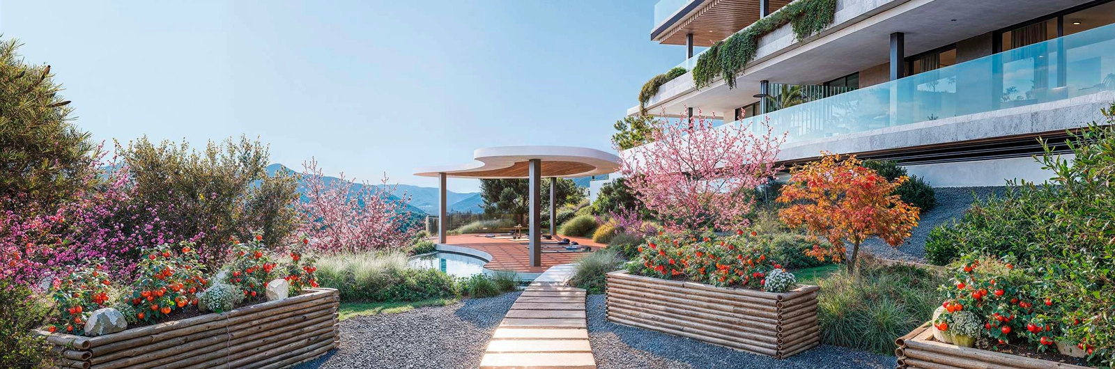 Jardines mediterráneos cuidadosamente diseñados que crean un ambiente tranquilo para el disfrute de los residentes.