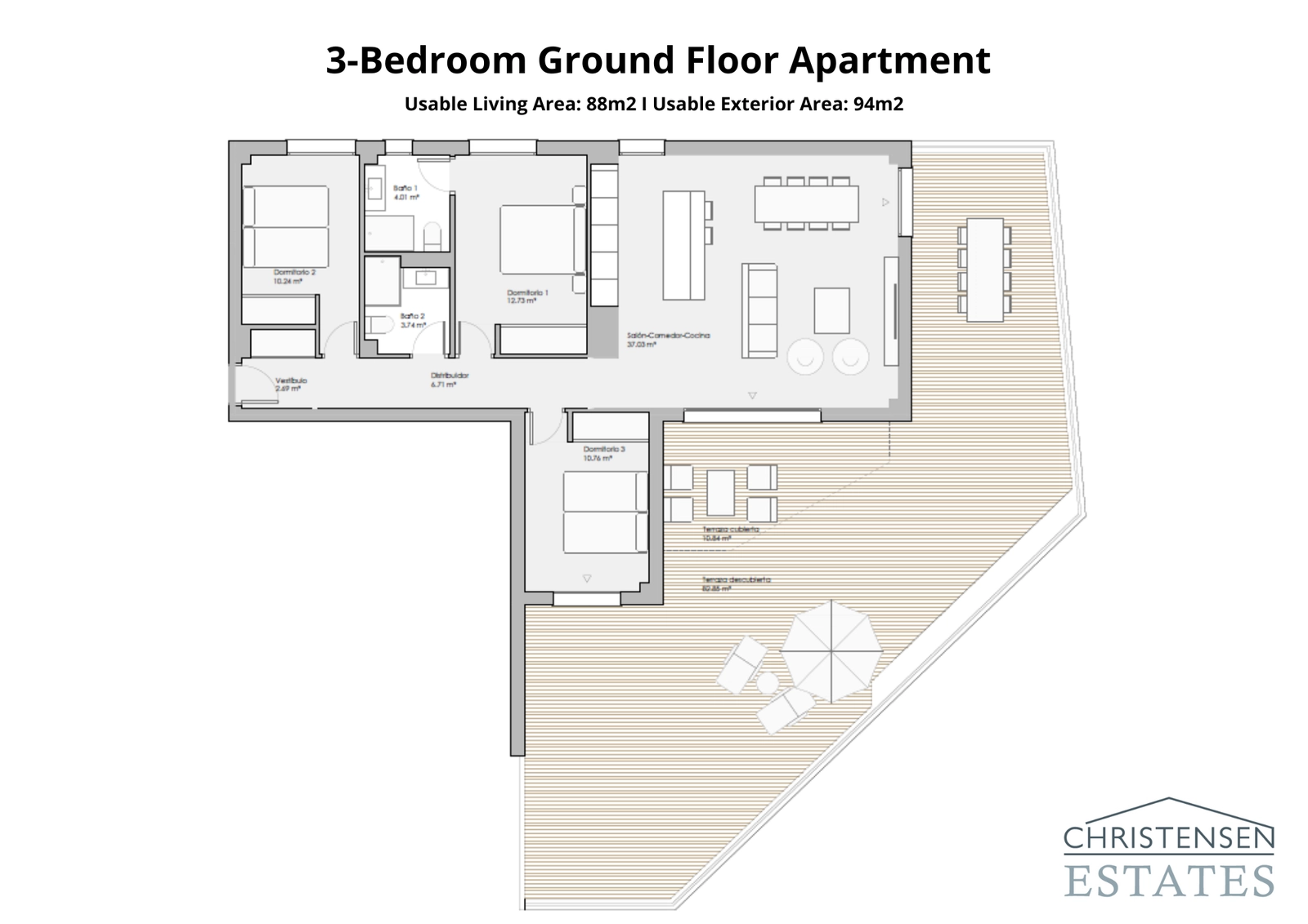 Esta distribución de piso en planta baja con tres dormitorios conecta interiores espaciosos con una generosa terraza y un jardín privado, perfecto para la vida al aire libre.