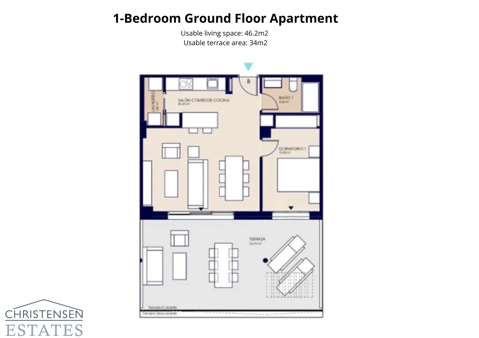 Plano de un piso de una habitación en planta baja, que muestra una generosa terraza que amplía el espacio habitable al exterior.
