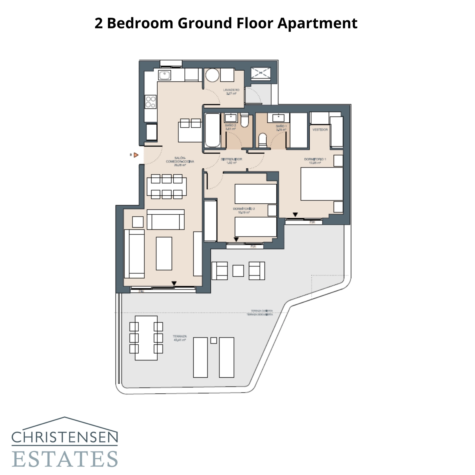 La distribución de una vivienda de dos dormitorios en planta baja, diseñada para la vida moderna con fácil acceso a una terraza privada.