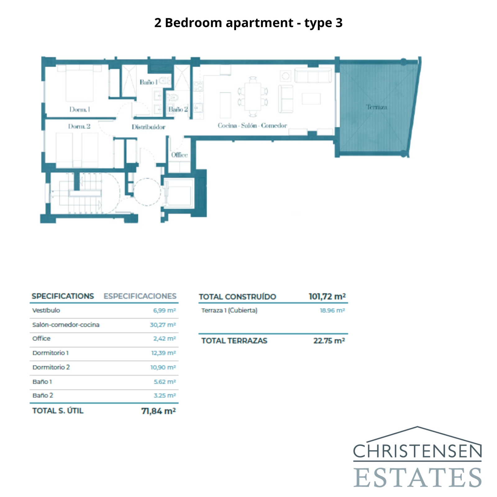 Plano de una vivienda de 2 dormitorios que presenta una distribución inteligente que maximiza el espacio y la luz natural.