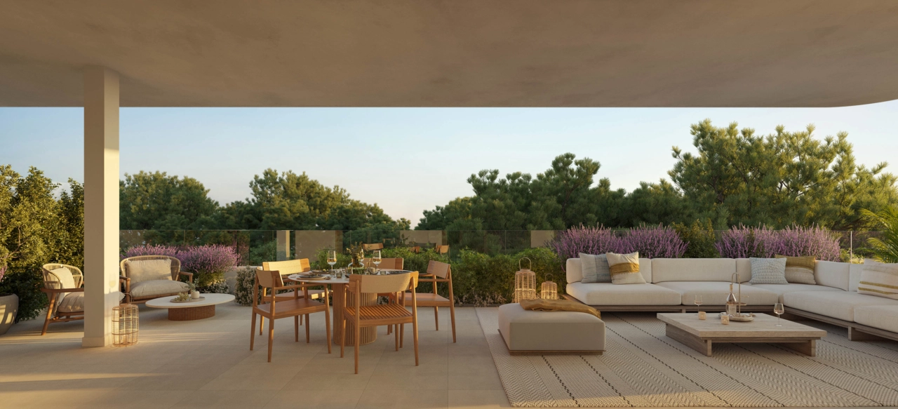 Los apartamentos en planta baja cuentan con amplias terrazas con acceso directo a exuberantes jardines.