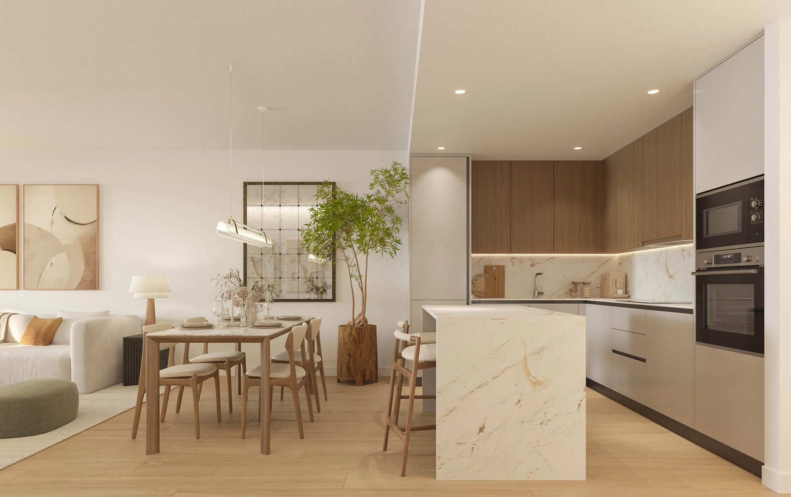 Una cocina moderna de concepto abierto con electrodomésticos de alta calidad y acabados prémium.