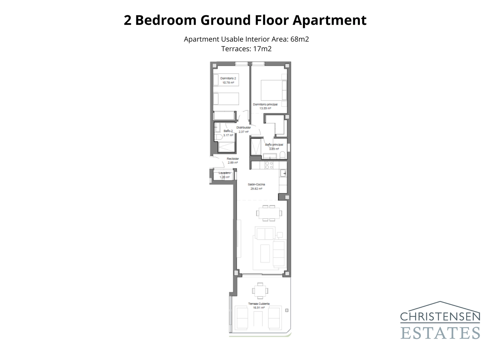 Este plano de piso de dos dormitorios en planta baja ofrece una conexión fluida a una amplia terraza privada.