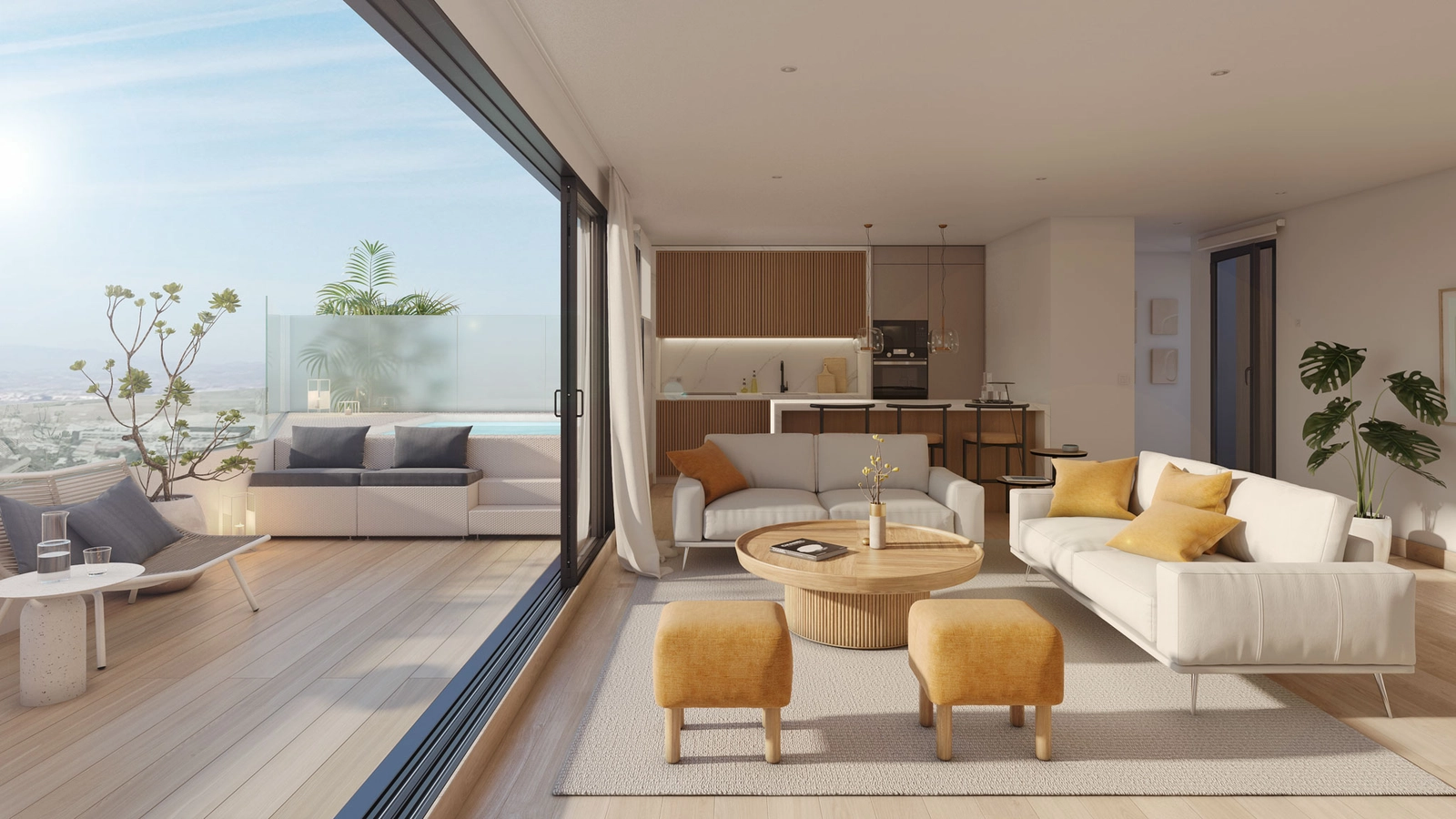 Un salón luminoso y espacioso en un ático, que se integra perfectamente con una terraza soleada.