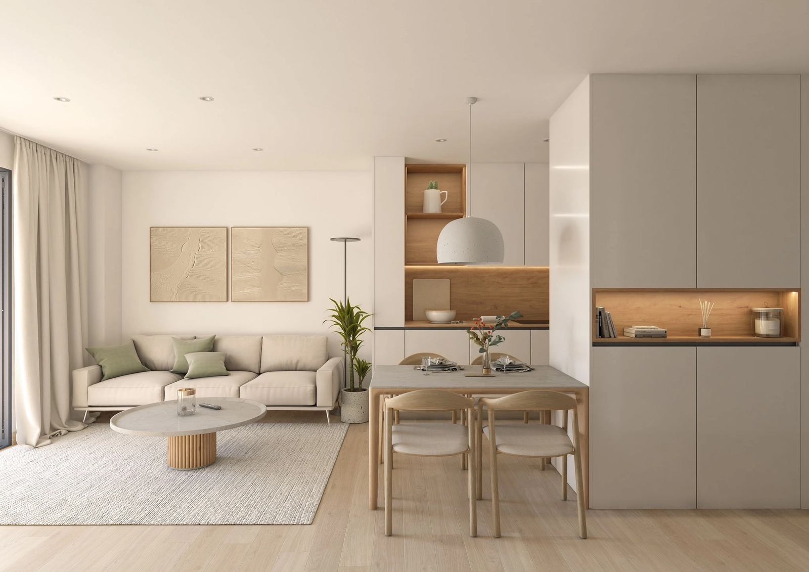 La zona de salón-comedor de planta abierta, amueblada con mobiliario moderno y con abundante luz natural.