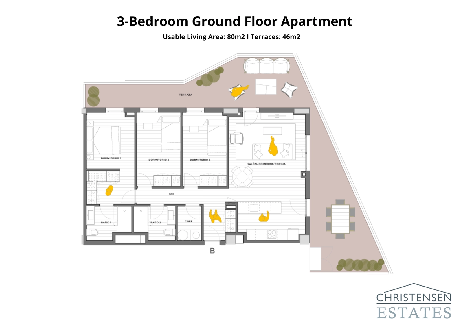 Este apartamento de tres dormitorios en planta baja cuenta con una amplia terraza, proporcionando una conexión perfecta entre la vida interior y exterior.