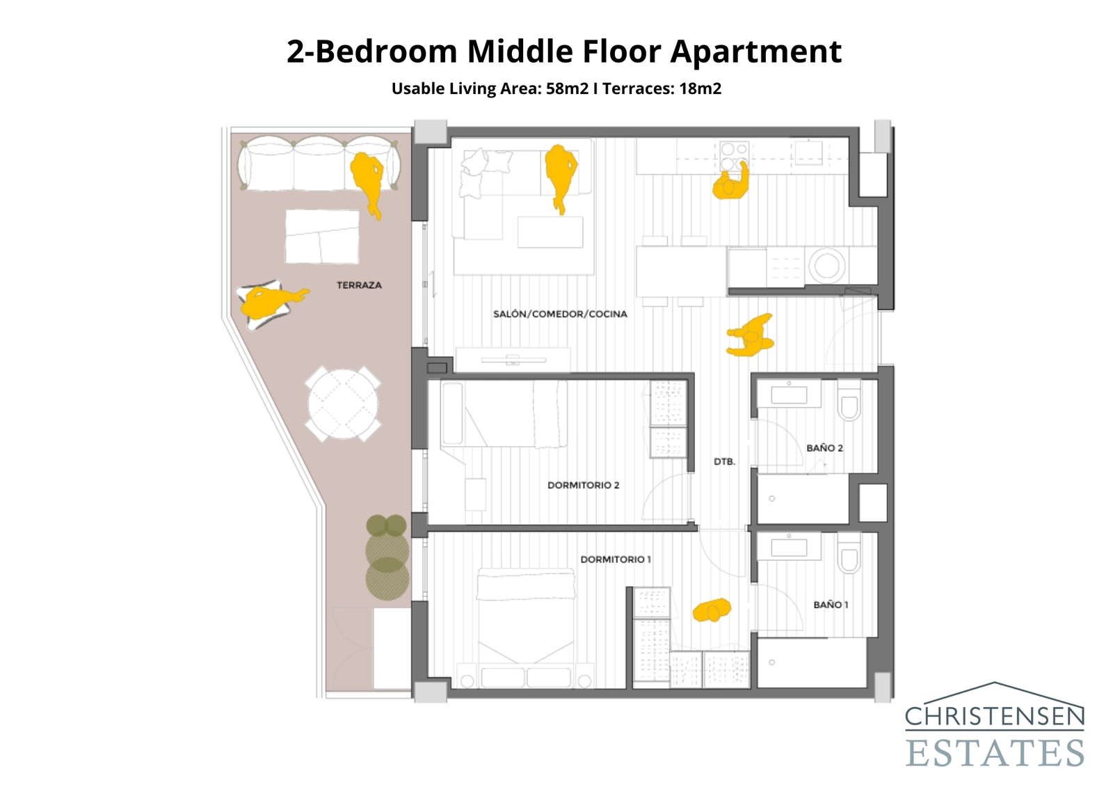 La distribución de esta vivienda de dos dormitorios está diseñada para el confort, con una zona de estar bien definida y una terraza privada.