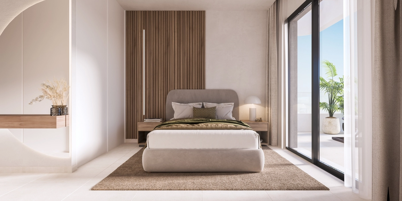 Un dormitorio principal tranquilo con diseño contemporáneo y acceso directo a una terraza privada, creando un refugio personal.